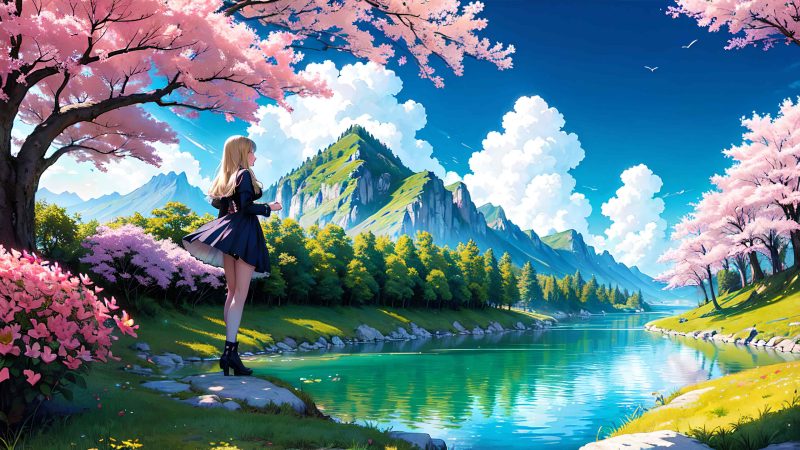 Cute girl and beautiful scenery in anime style