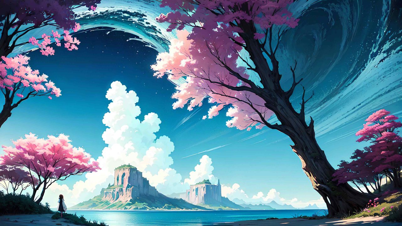 Cute girl and beautiful scenery in anime style