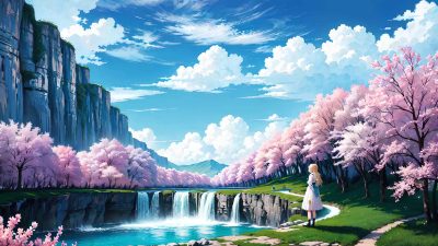 Beautiful scenery with cute girl anime style