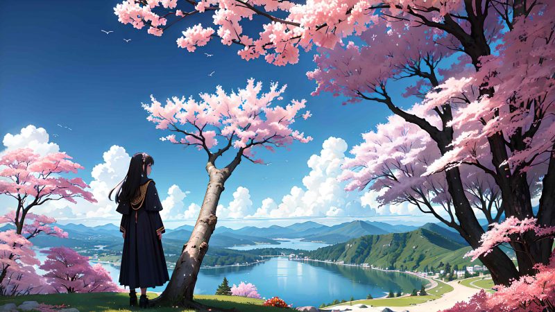 Beautiful scenery with cute girl anime style