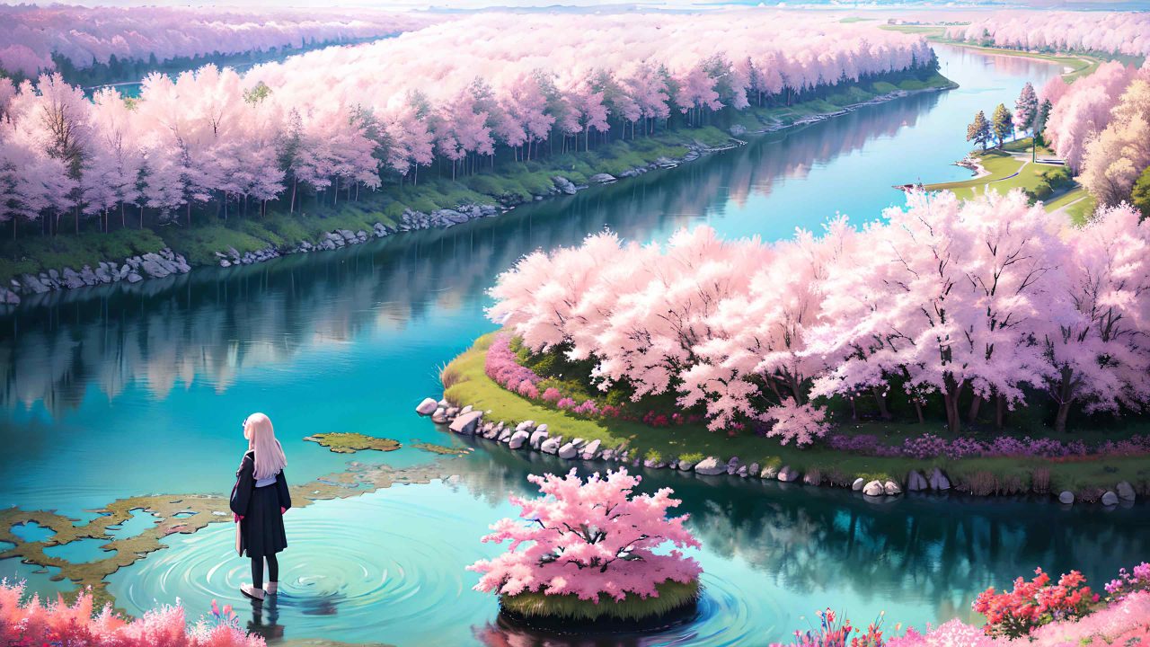 Beautiful scenery with cute girl anime style