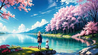 Beautiful scenery with cute girl anime style
