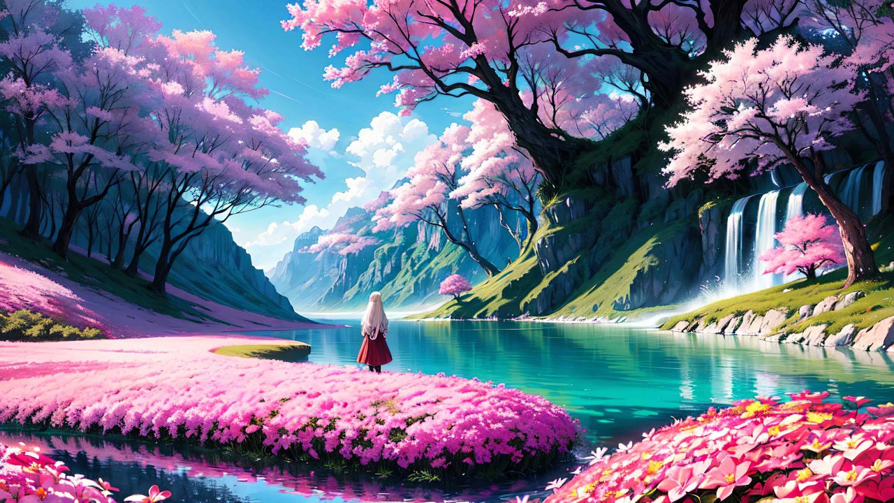 Beautiful scenery with cute girl anime style