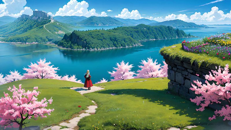 Beautiful scenery with cute girl anime style