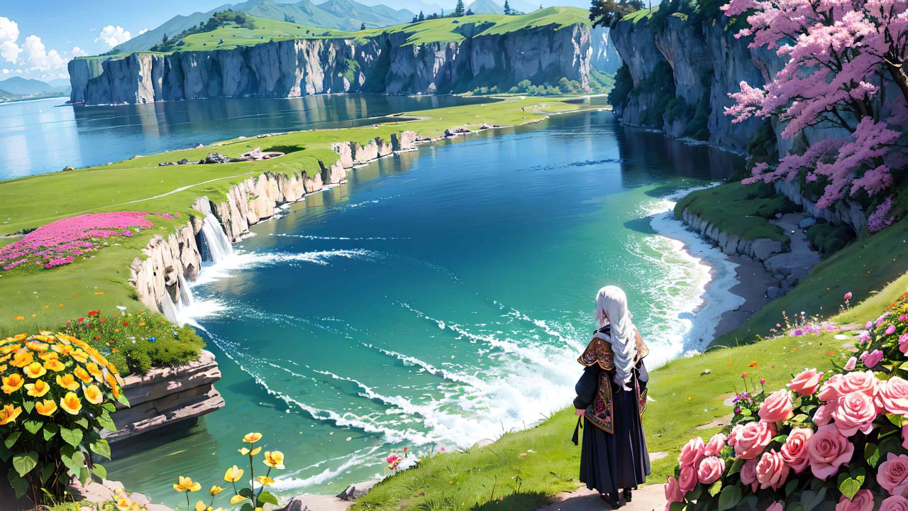 Beautiful scenery with cute girl anime style