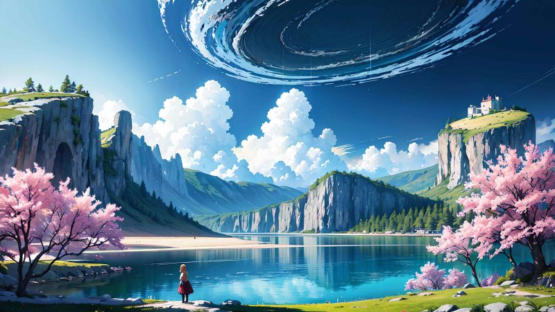 Beautiful scenery with cute girl anime style