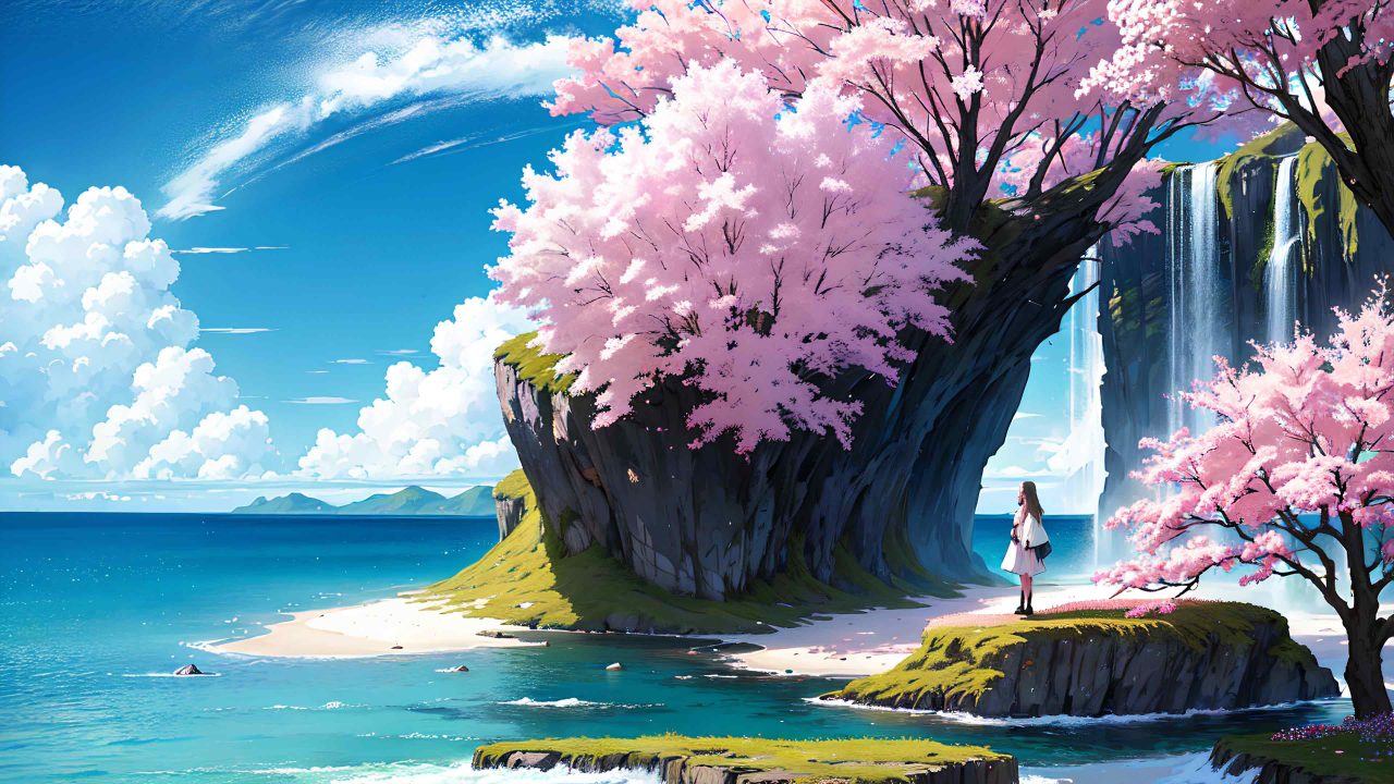 Cute girl and beautiful scenery in anime style