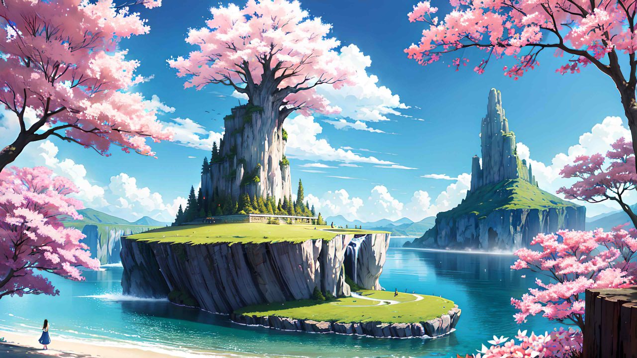 Beautiful scenery with cute girl anime style