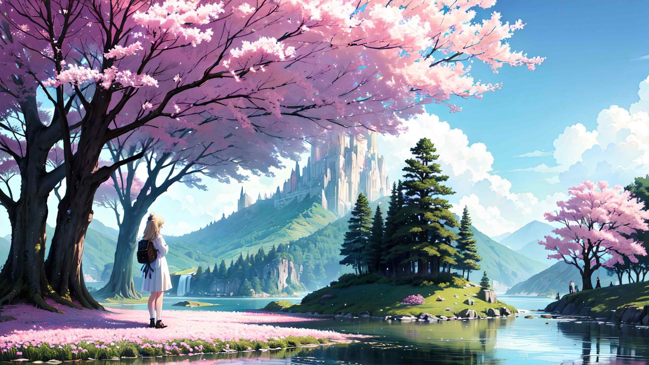 Beautiful scenery with cute girl anime style