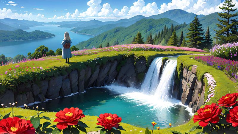 Beautiful scenery with cute girl anime style