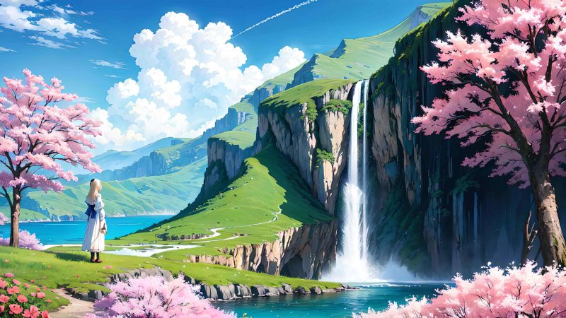 Beautiful scenery with cute girl anime style