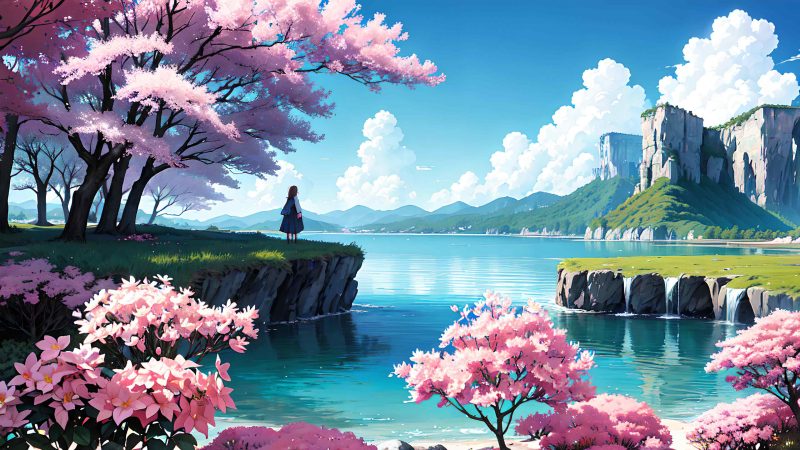 Cute girl and beautiful scenery in anime style