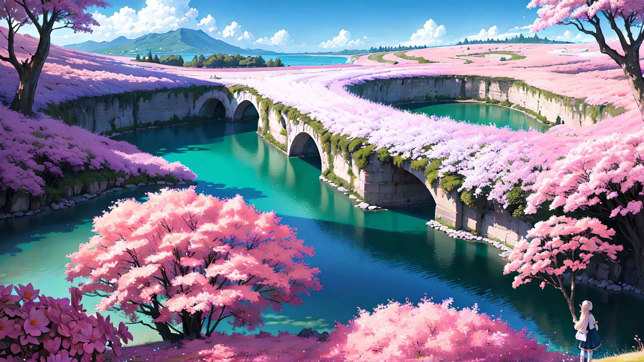 Cute girl and beautiful scenery in anime style