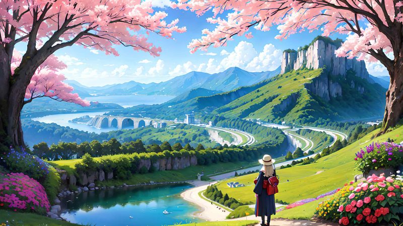 Cute girl and beautiful scenery in anime style