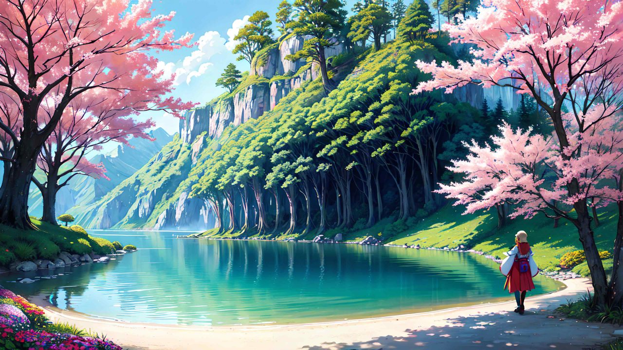 Cute girl and beautiful scenery in anime style