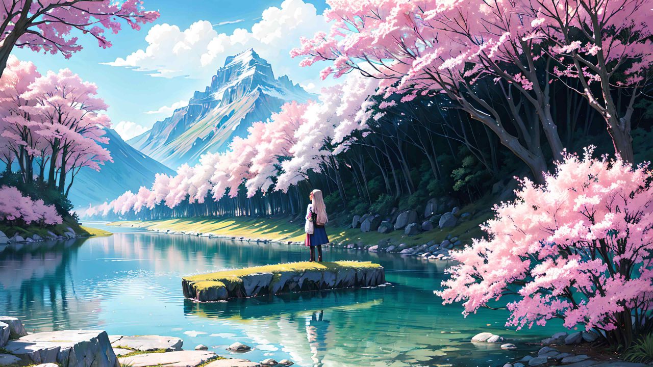 Cute girl and beautiful scenery in anime style