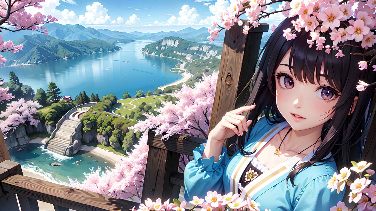 Cute girl and beautiful scenery in anime style