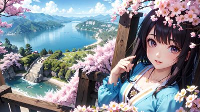 Cute girl and beautiful scenery in anime style