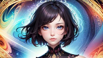 Semi realistic girl and fractal background