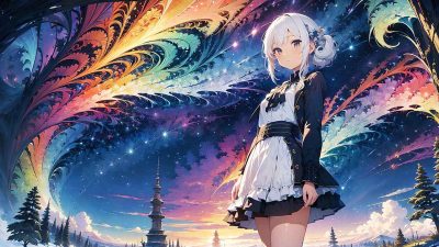 Cute anime girl and colorful fractal wallpaper