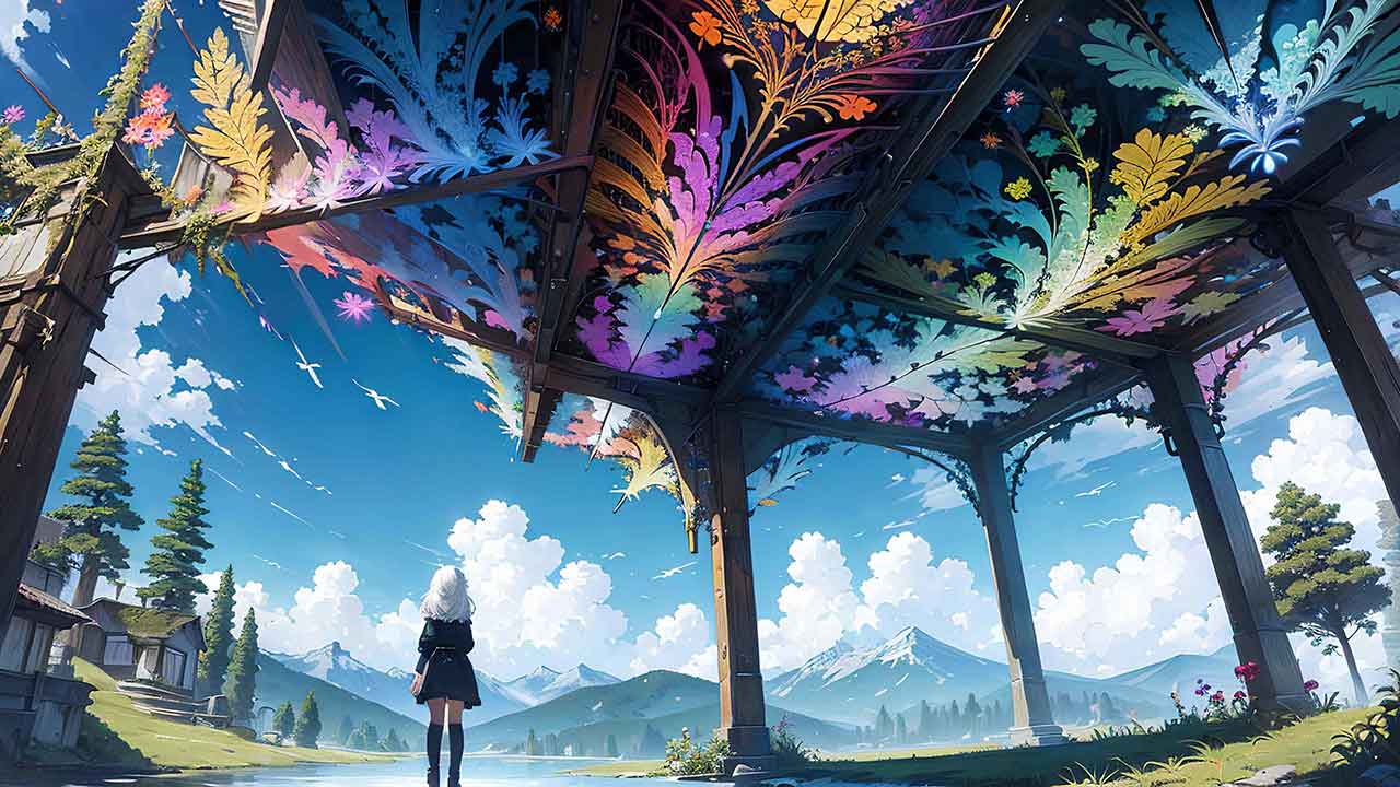 Cute anime girl and colorful fractal wallpaper