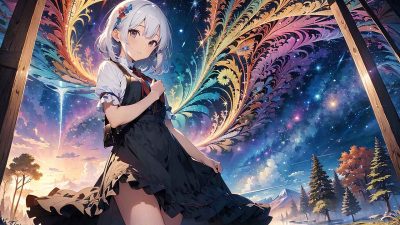 Cute anime girl and colorful fractal wallpaper