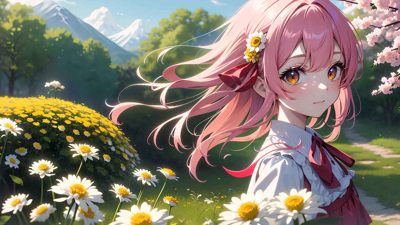 Beautiful anime girl in chrysanthemum garden