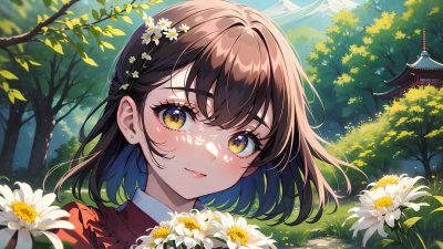 Beautiful anime girl in chrysanthemum garden