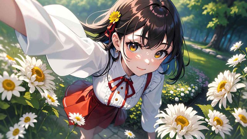 Beautiful anime girl in chrysanthemum garden