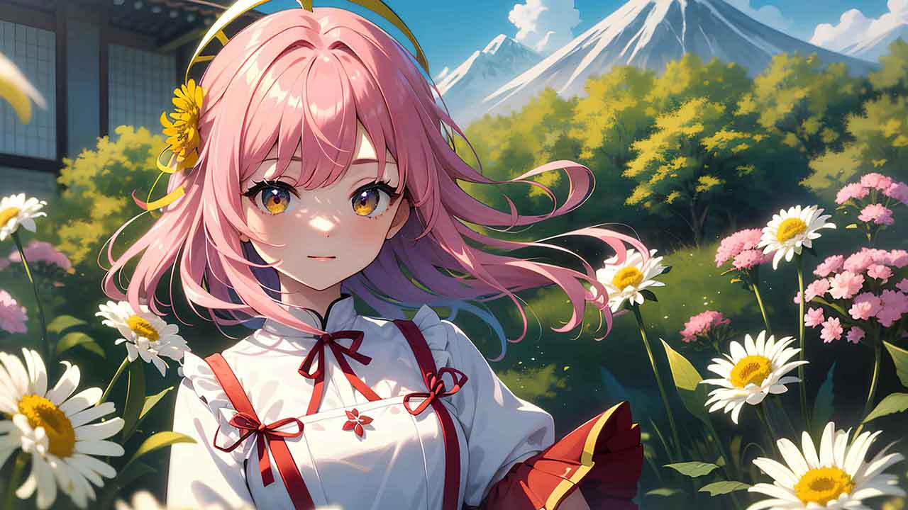 Beautiful anime girl in chrysanthemum garden