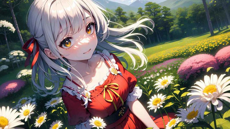 Beautiful anime girl in chrysanthemum garden