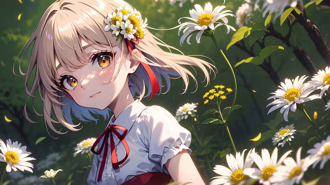 Beautiful anime girl in chrysanthemum garden