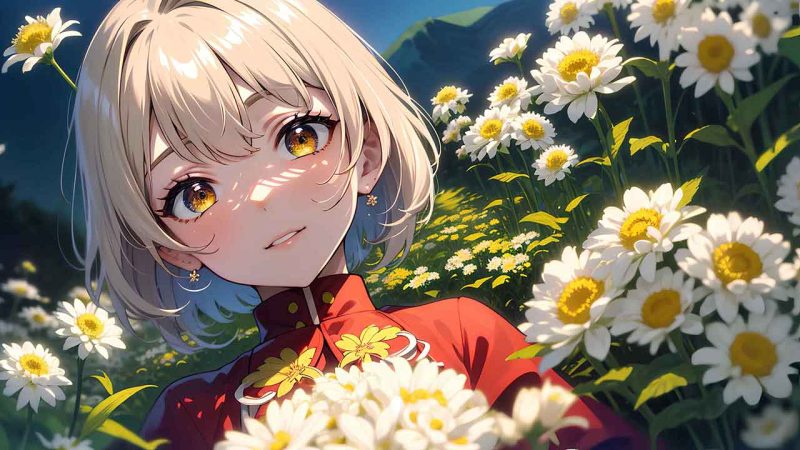 Beautiful anime girl in chrysanthemum garden