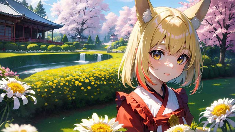 Beautiful anime girl in chrysanthemum garden