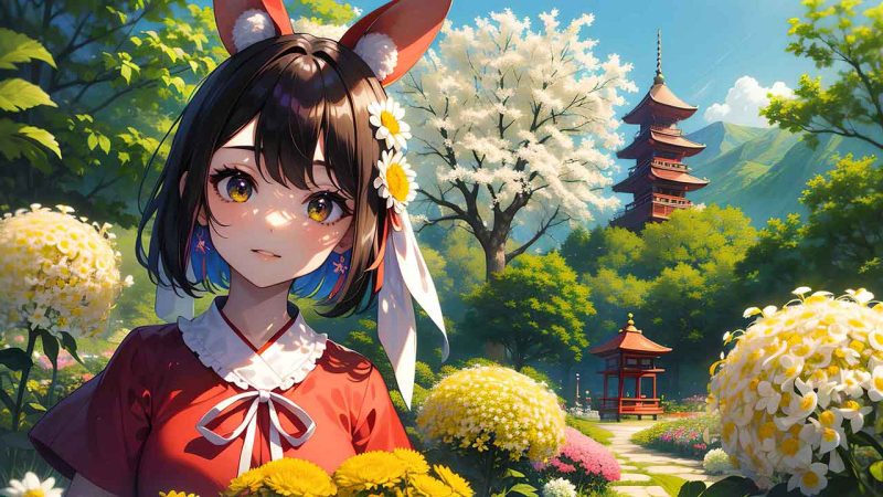 Beautiful anime girl in chrysanthemum garden