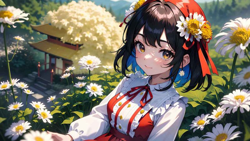 Beautiful anime girl in chrysanthemum garden