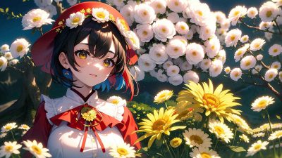 Beautiful anime girl in chrysanthemum garden