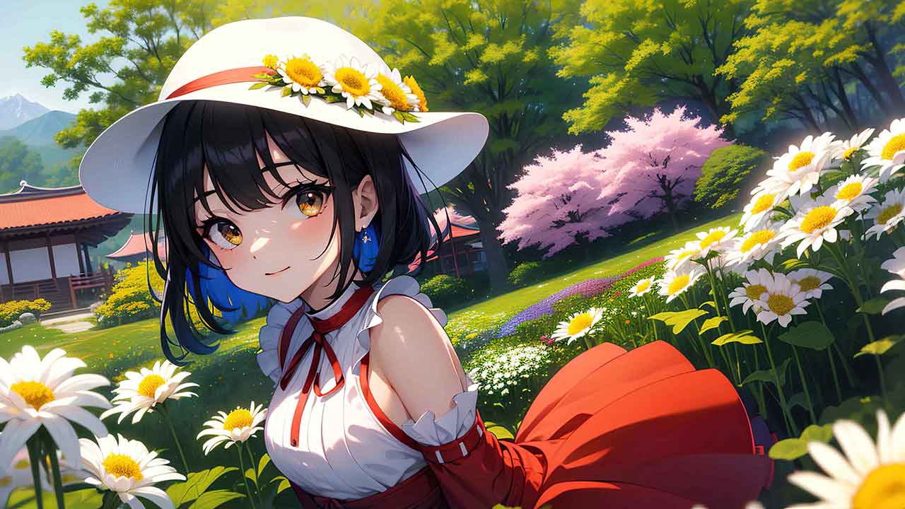Beautiful anime girl in chrysanthemum garden