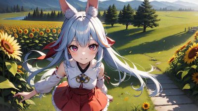 Cute bunny ears girl in sunflower garden in anime style