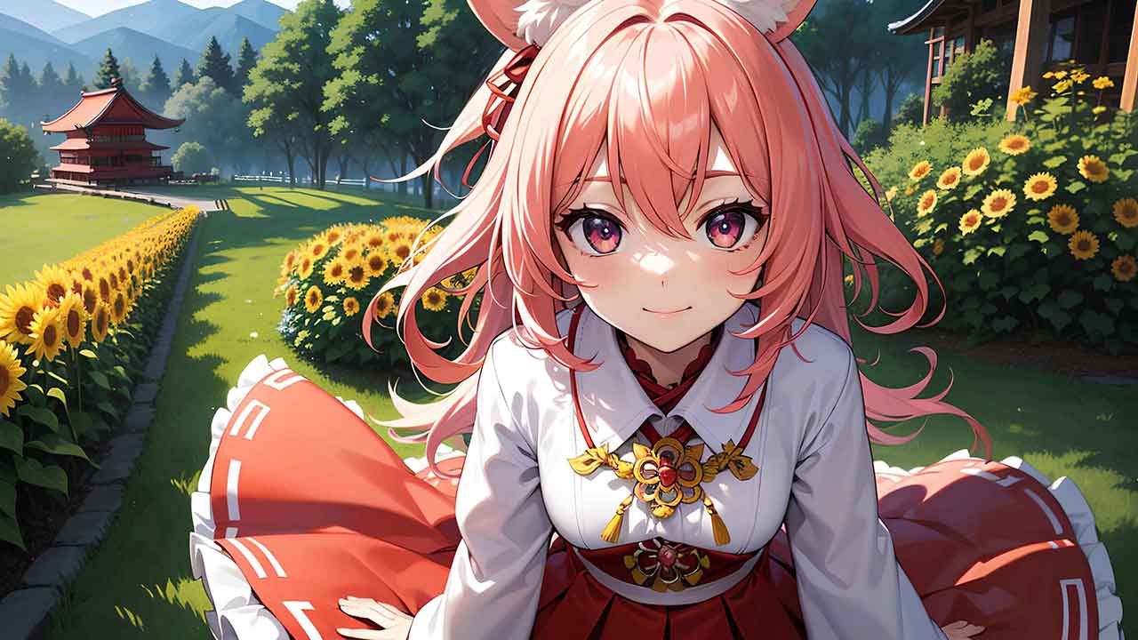 Cute bunny ears girl in sunflower garden in anime style