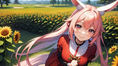 Cute bunny ears girl in sunflower garden in anime style