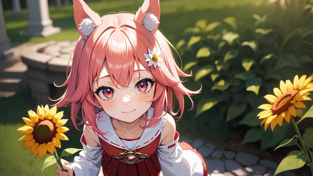 Cute bunny ears girl in sunflower garden in anime style