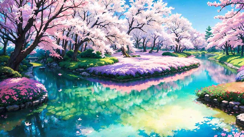 Beautiful places in japan in anime painting style