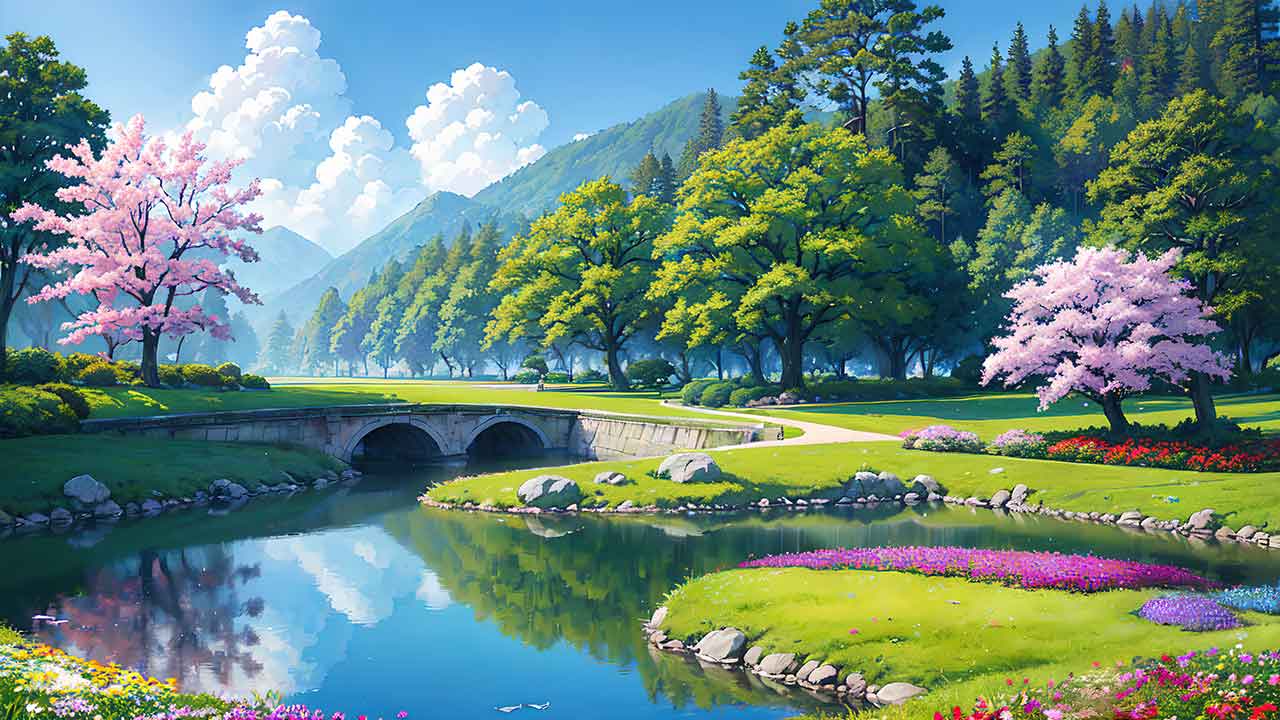 Beautiful places in japan in anime painting style