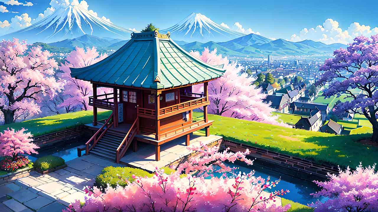 Beautiful places in japan in anime painting style