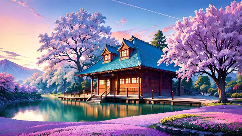 Beautiful places in japan in anime painting style