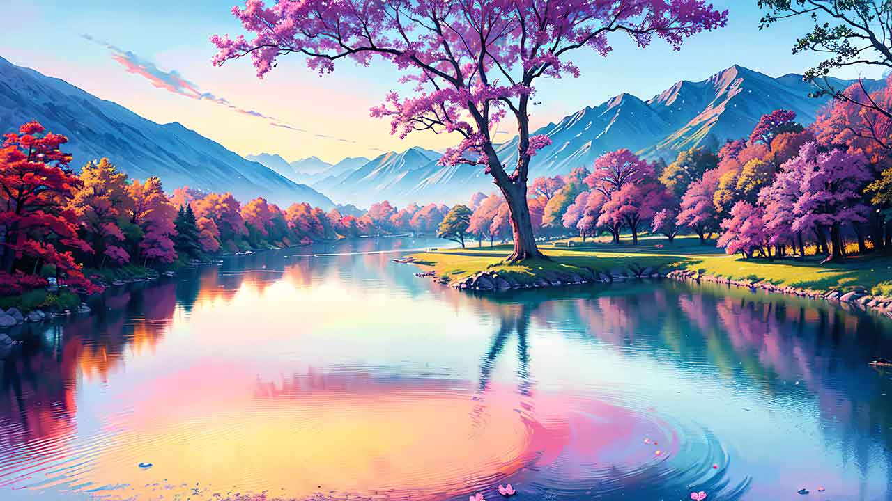 Beautiful places in japan in anime painting style