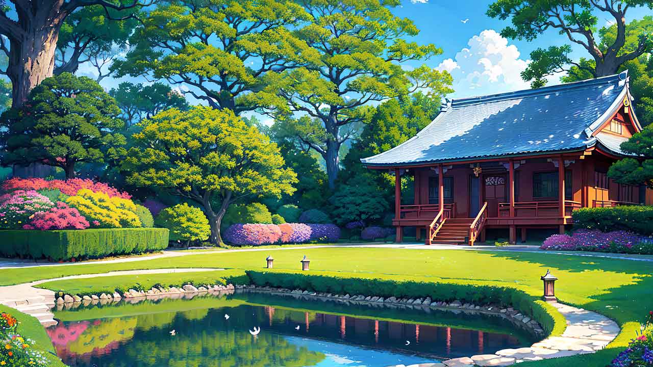 Beautiful places in japan in anime painting style