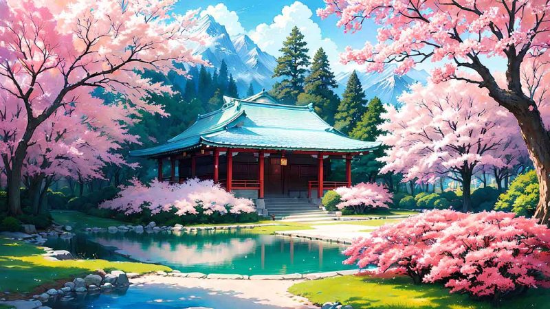 Beautiful places in japan in anime painting style