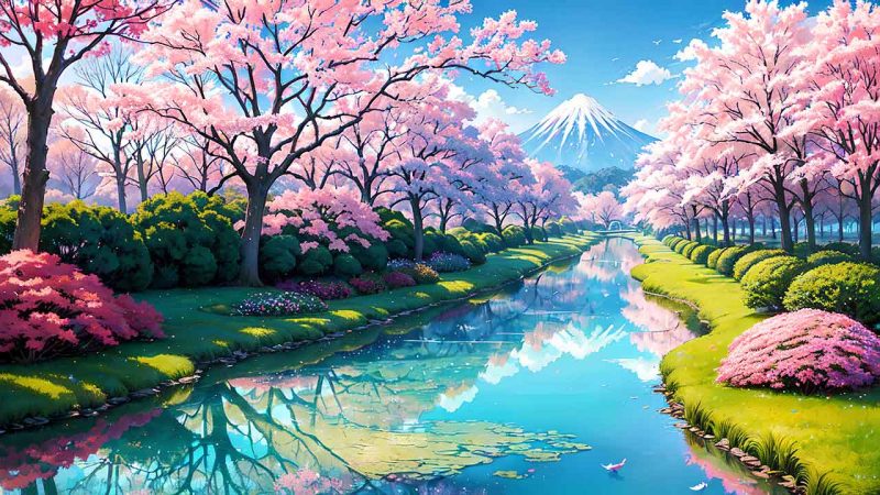 Beautiful places in japan in anime painting style